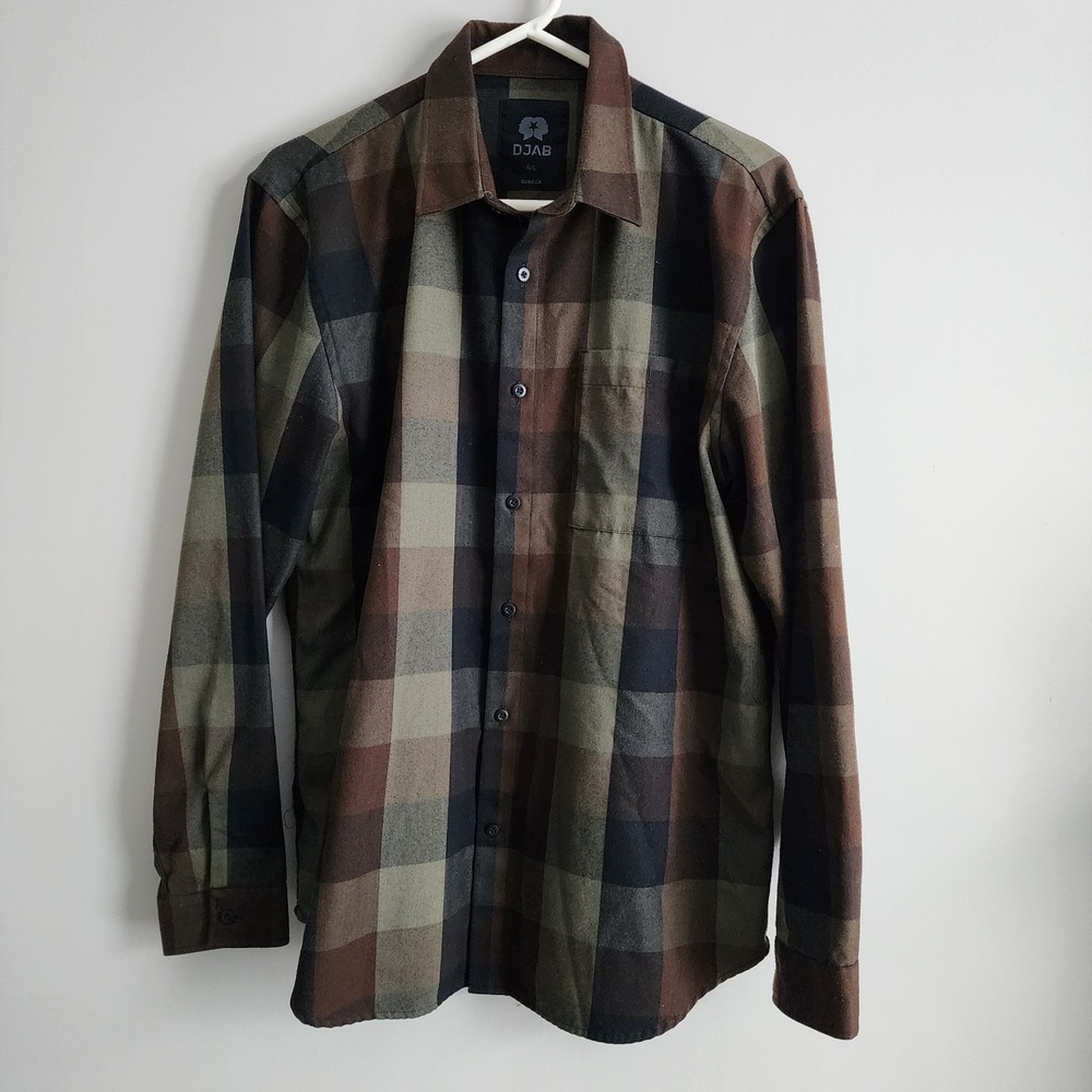 DJAB Flannel Button Up Mens Large Brown Plaid Long Sleeve Casual Gorpcore
